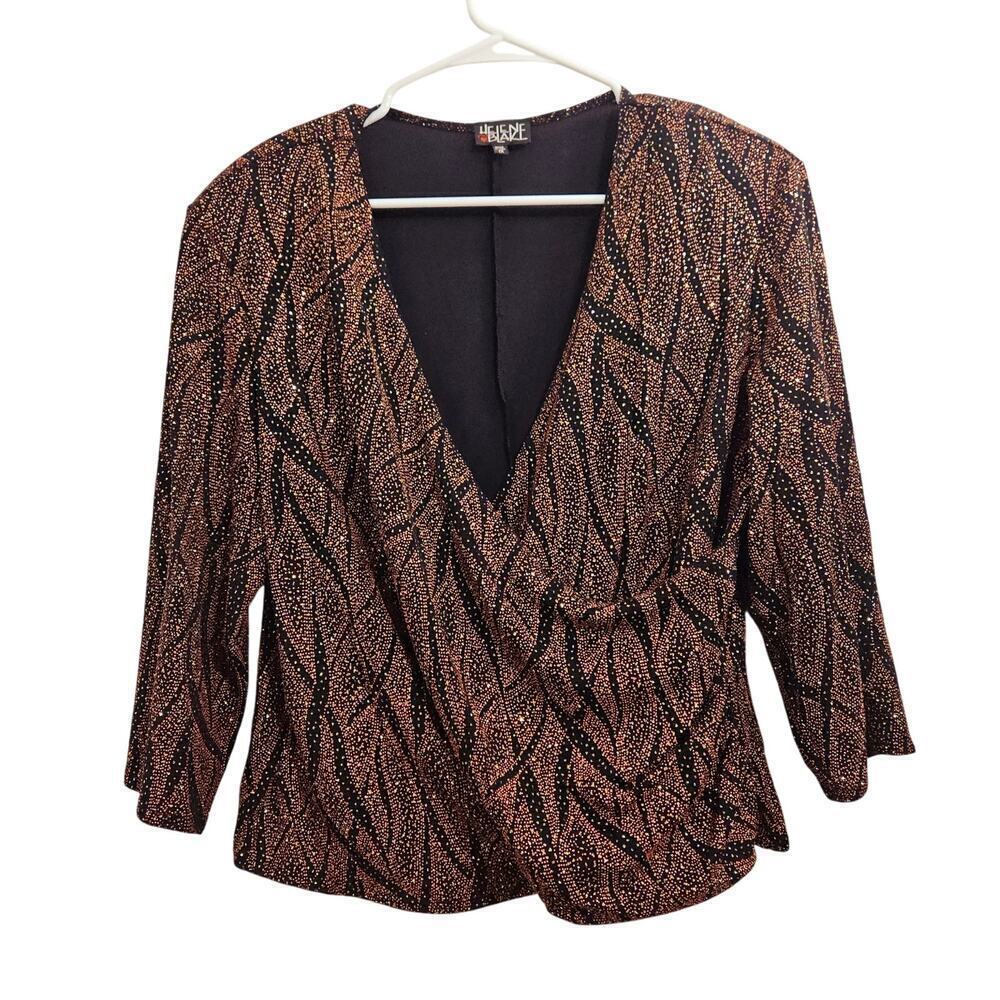 Helene Blake Sparkly Brown Crossover V-Neck Blouse Size 1x 3/4 Sleeve